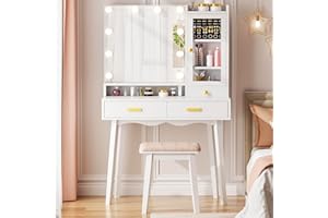 ANWBROAD Tocador de Maquillaje con luz y Taburete Tocador con Espejo en 3 Colore 10 Bombillas LED Iluminación con Espejo y Luces con Estante para Joyas para niñas Blanco BDT73W