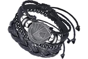 MicVivien Men's Poker Bracelet Necklace, 3pcs Bracelets Set Biker Playing Card Poker Leather Bangle Wrap Cuff Bracelet, Stainless Steel Poker Ace Pendant Necklace Jewellery for Men Father Friends