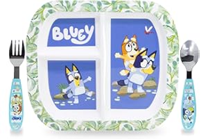 Sorrisini Zestaw naczyń dla dzieci, 3-częściowy zestaw sztućców z dzielonym talerzem, sztućce ze stali nierdzewnej, plastikowe naczynia do kuchenki mikrofalowej na dodatkowe jedzenie, Bluey Design