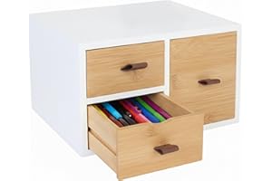 Relaxdays Schubladenbox Bambus & MDF, 3 Schubladen, Schlaufen, HBT: 15 x 25 x 20 cm, Schreibtisch Organizer, weiß/Natur