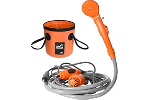 AUTOPkio Portable Camping Shower Kit with Folding Bucket, 12V Outdoor Shower Set with Pump for Car, Camping, Hiking, Pet Bath