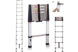 Teleskopische Leiter 3.8m,BOWEITI Erweiterung Schritt Leiter EIN-Knopf-Retraktion,Edelstahl zusammenklappbare Leiter Slow Down Design für Home RV Loft,330 lbs Max Kapazität