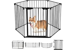 RELAX4LIFE 6 Panneaux Barrière de Sécurité Multi-Fonction en Fer,Grille de Protection Extensible pour Animaux Cheminée Escalier,Clôture de Cheminée Pliant, Porte Inclus Noir