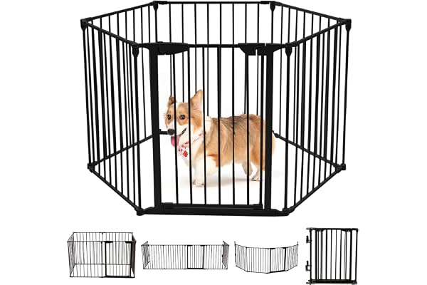 RELAX4LIFE 6 Panneaux Barrière de Sécurité Multi-Fonction en Fer,Grille de Protection Extensible pour Animaux Cheminée Escalier,Clôture de Cheminée Pliant, Porte Inclus Noir