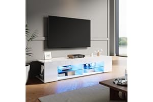 ZANOFIRA TV Stand Cabinet Unit with 16 RGB LED Lights, High Gloss White TV Stand with Glass Shelves & 2 Storage Compartments, 1350 x 390 x 300mm