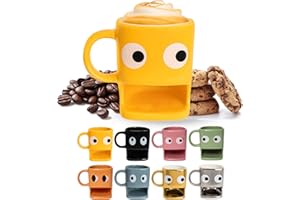 Fisura - Taza original para regalar con diseño de ojos. Con soporte para galletas en color amarillo. Fabricada en cerámica con hueco para galletas. Capacidad de 240 ml.