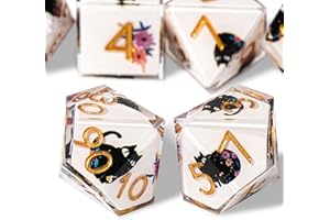 HKDZ Cat Dice DND Set Cute 7 Pack, D&D Set with Gift Box Polyhedral & RPG Mtg Sharp Edge for Roleplaying Table Games with Dice Bag, Resin