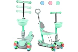 GURYON 3 Wheels Kids Kick Scooter for age 3-8, 5 in 1 Baby Scooter with Flashing Led Wheels, Removable Seat and Back Rest for Boys and Girls Toddlers