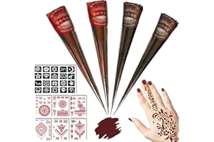 AMSNINK Henna Tattoo Set - 2x Braun Und 2x Rot Henna Paste Mit 20 Schablonen Und 6 Aufkleber, Henna Braun Sommersprossen, Henna Farbe, Henna Rotbraun, Sommersprossen Henna, Henna Freckles