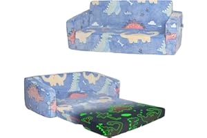 alldomess Convertible Sofa para Niños 2 en 1, Plegable Sofa Infantil Brilla en la Oscuridad para Niñas y Niños, Estable Silla Niño 2 Plazas para Dormitorio Sala de Juegos,Azul Dinosaurio