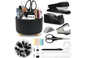 TOP-SPRING Cute Stationery Set, 13 in 1 Office Supplies & Desk Accessories for Women with Stapler & Staples Set, Pencil Holder, Tape Dispenser, Scissors, Clips, Ruler, Gift for Teachers, Students, Girls (Black)