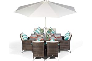 GIARDINO Savannah Rattan Dining Set | Rectangle 6 Seater Brown Rattan Dining Set | Outdoor Poly Rattan Garden Table & Chairs Set | Patio Conservatory Wicker Garden Dining Furniture with Parasol & Cover