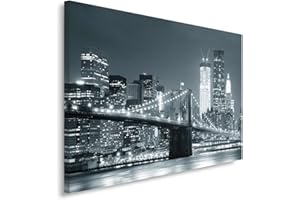 FEEBY FRAMES Feeby Cuadro en Lienzo Noche Nueva York Puente Brooklyn 50x40 cm 1 Pieza Modernos Calidad Fotografica Imagen Decoración de Pared Salon Dormitorio Cocina Oficina Pasillo Puente Ciudad Blanco y Negro