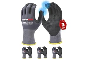 Mustbau 3 Paia Guanti da Lavoro con Schermo Tattile e Punti Neri, Guanti Nitrile Resistenti All'Abrasione e Ventilati, Ideali per Lavoro, Giardinaggio, Meccanica, Edilizia (Grigio,M)