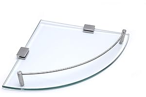 BSM Marketing 250mm x 250mm (10”x10” approx.) 8mm Thick Toughened Safety Glass Corner Shelf With Stainless Steel Rail And Wall Brackets Bathroom Bedroom Kitchen Office