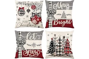 DOOFE Christmas Cushion Covers 45cm x 45cm, Set of 4 Sofa Pillow Covers, Red White Grey Xmas Linen Square Pillow Cases with Pine Tree Baublus Pattern, Christmas Indoor Decorations for Living Room Bedroom