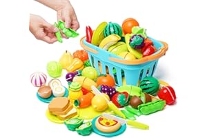 NUKDEY Jouet Dînette Enfant 75PCS, Accessoire Cuisine Enfants, Fruit et Legumes Jouet a Decouper, Aliment Dinette Enfant, Ustensile Cuisine Enfants, Jeu de Role de Chef Kit pour Garçons Filles 3 4 5 6 Ans+