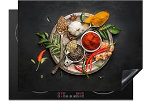 KitchenYeah© Protection Plaque Cuisson Deco Cuisine Cache Induction 70x52 cm Protège Pour Cuisiniere Protection Épices - Poivre - Cuillères - Légumes