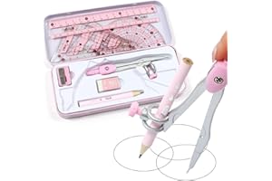 MHwan escuadra y cartabon, 8 piezas compas escolar, metal durable exterior caso conjunto, transportador y brújula conjunto con regla transportador borrador para estudiantes de matemáticas(Rosado)