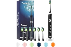 7am2m Sonic Electric Toothbrush with 6 Brush Heads for Adults and Kids, Wireless Fast Charge, One Charge for 60 Days,5 Modes with 2 Minutes Built in Smart Timer, Electric Toothbrushes(Black)