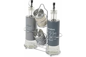 Villa d'Este Home Tivoli Victionary Menage 4 piezas, surtido, tapón antigoteo, aceitera y vinagrera: Ø 6,5 24,5 cm dosificador y pimienta Ø 5 8 cm Soporte con 4 patas de apoyo: L 20 x P 8 x H 24 cm