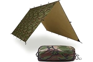 AQUAQUEST DEFENDER Waterproof Camping Tarp - Heavy Duty Tent Shelter or Rain Fly - Camping Essentials for Hiking, Bushcraft & Hammock, 4 x 3 m Woodland Camo