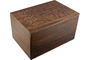 Indian Glance Wooden Urn Box - Human Funeral Cremation Urn with Hand Carved Design (XX-Large 9.5" x 7.5" x 5.5" Urn Holds: 250 lbs)
