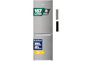 Heinrich´s Kühlgefrierkombination mit 157 L Gesamtvolumen, 109 L Kühlvolumen 48 L Gefriervolumen, LED Beleuchtung, Türanschlag wechselbar, verstellbare Füße, leise 39 dB, große Tiefkühlboxen, Inox