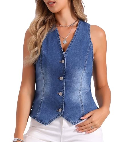 Giacca Jeans Donna, Gilet Di Jeans Da Donna Giacca Blu Scuro Lavata Sbiadita Scollo A V Senza Maniche Giacca Di Jeans Occidentale Con Bottoni Vintage Gilet Di Jeans Distressed Casual Corto Denim - 12