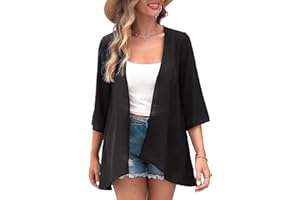 Aottori Gilet Long Femme Été Kimono Cardigan Mousseline de Soie Léger Cache-Maillots Plage 3/4 Manches Décontracté Veste Ouverte