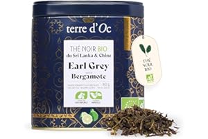 terre d'Oc - Thé Noir Bio Earl Grey - Saveur Bergamote - Boite en Métal - Feuille en Vrac - Idée Cadeau Homme et Femme - 80 g