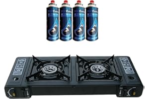 SAVINGWORLD Topflame Dual Burner Double Hob Camping Gas Stove Cooker + 4 Gas Refills