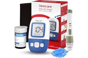 Sinocare Medidor de Glucosa en Sangre, Glucómetro, Kit Medidor Azucar Sangre 25 x Tiras Prueba Glucosa en Sangre y Dispositivo Punción - mg/dL（Solo Safe AQ Angel）