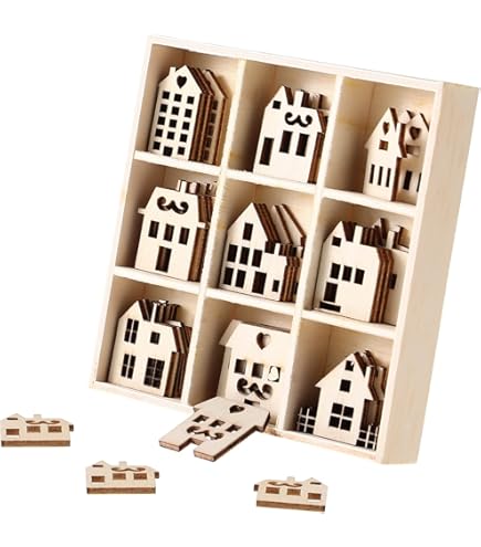 Scatola Con 45 Case Di Legno - Compensato Naturale, 10.5x10.5cm, Per Decorazioni Fai Da Te