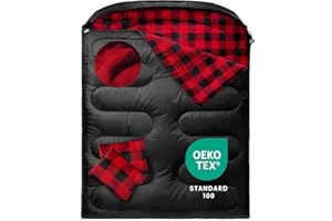 MEREZA Flannel Double Sleeping Bag for Adults Cold Weather, XL Queen Size Sleeping Bag for All Season 2 Person Big and Tall Sleeping Bags for Camping 0 Degree with Pillow