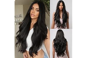 Allbell Lange Wellige Schwarze Perücke für Frauen Natürliche Mittlere Perücke Damen Hitzebeständige Synthetische Perücke für Party und Den Täglichen Gebrauch