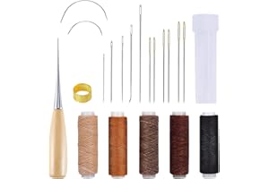 DEWFIGS ㅤ 21 Piezas hilo para coser cuero Kit de Costura de Cuero, Agujas de Coser Kit, Agujas, Hilo Encerado y Dedal, Ideal para Reparar Tapicería y Tejidos Gruesos Accesorios Completos para Artesanía en Cuero
