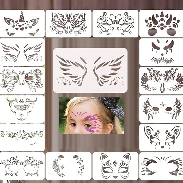 7er Set Wiederverwendbare Gesichts-Schablonen – Für Körperkunst & Facepainting Mit Blumen, Schmetterlingen Uvm.