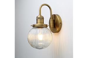 JIMUBEAM Industrial Vintage Gooseneck 1-Light Wall Sconce with 5.9" Round Ribbed Clear Glass Globe Lampshade Indoor Wall Mounted Lamp Fixture for Bedroom Living Room Vanity Bathroom