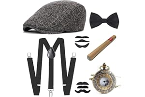 E EBETA Années 1920 Hommes Déguisements Accessoires, Flapper Accessoire Gatsby Costume Année 20 avec Chapeau Bretelles à Dos en Y Homme Faux Cigare Montre de Poche Vintage (C)