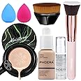 PHOERA Foundation,Air Cushion CC Cream Natural Foundation,Phoera Foundation Full Coverage,Phoera Face Primer, Kabuki Brush Foundation Brush Makeup,Makeup Sponge (102Nude + 02Natural CC)