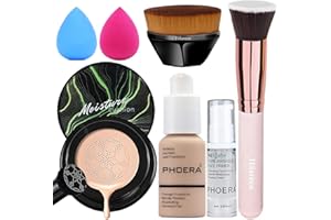 HILARECO Mushroom Head Air Cushion CC Crème Fondation,PHOERA Fond de Teint Couvrant Et Face Primer Liquide Couverture Complète Foundation Correcteur,Pinceaux Fond de Teint (102Nude + 02Natural CC)