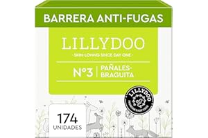Pañales-braguita LILLYDOO - talla 3 (6-10 kg), caja mensual (174 unidades), protección contra fugas, delicados con la piel, suaves, sin perfumes ni lociones, dermatológicamente testados