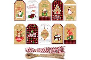 DOJOYKEY Lot de 100 étiquettes cadeaux de Noël avec ficelle de jute et ficelle en coton pour emballage de cadeaux, décoration d'arbre de Noël, loisirs créatifs