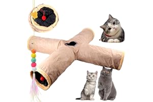 AIPWERER Faltbar Katzentunnel Katzenspielzeug mit Ball Spieltunnel Knisternder Rascheltunnel Aus Wildleder für Alle Katzen Kaninchen Welpen und Kleine Tiere, Mit Hängendem Lustiger Katzenstock (X- Khaki)