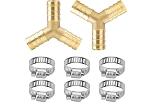 nutmanel 2 Pièces Connecteurs de Tuyaux en Y à 12mm, Tuyau en Laiton té Cannelé, 3 Voies en Forme de Y Raccord de Tuyau avec 6 Piècse Colliers de Serrage de Tuyau