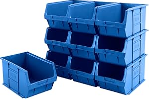 BiGDUG Plastic Parts Bins - Stackable or Wall Mounted Storage Boxes Garage Organiser - Pack of 10 - 175H x 200W x 355D mm - Blue