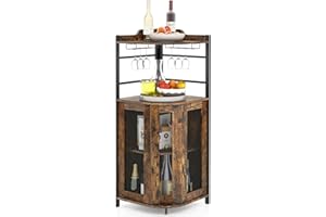 GiantexUK Corner Bar Cabinet, Industrial Wine Cabinet with Glass Holders, Adjustable Shelf & Mesh Doors, Anti-Slip Storage Display Rack for Kitchen Dining Living Room (Rustic Brown)