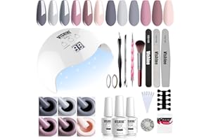 Vishine - Kit de lámpara, de 40 W, UV, led, para esmalte semipermanente, 6 esmaltes en gel, capa base y capa superior, cepillo, diamantes de imitación, herramientas para decoración de uñas y manicura