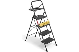 BONTEC 4 Step Ladder Folding, Heavy Duty Foldable Step Stool with Wide Anti-Slip Pedals, Sponge Handrail and Tool Tray, Portable Household Ladder 150kg Capacity, Compact Collapsible Indoor Ladder